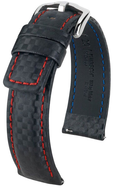 Hirsch Uhrenarmband Leder Carbon schwarz / rot L...